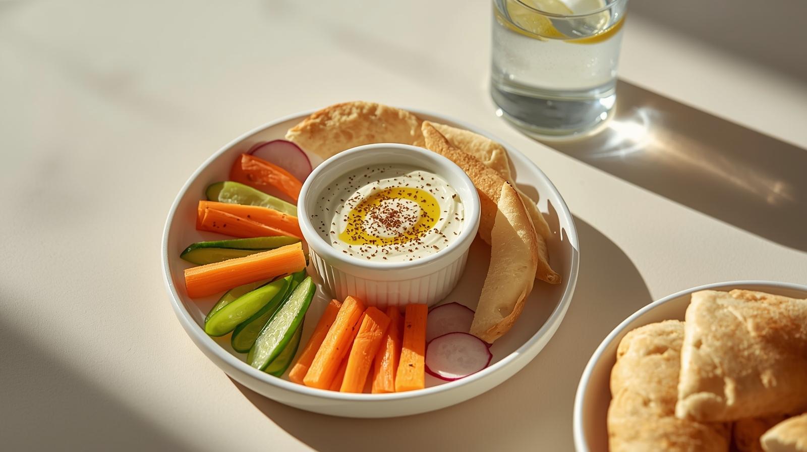 Balanced plate with labneh, chopped salad, whole-grain pita wedges, olives, and lemon water