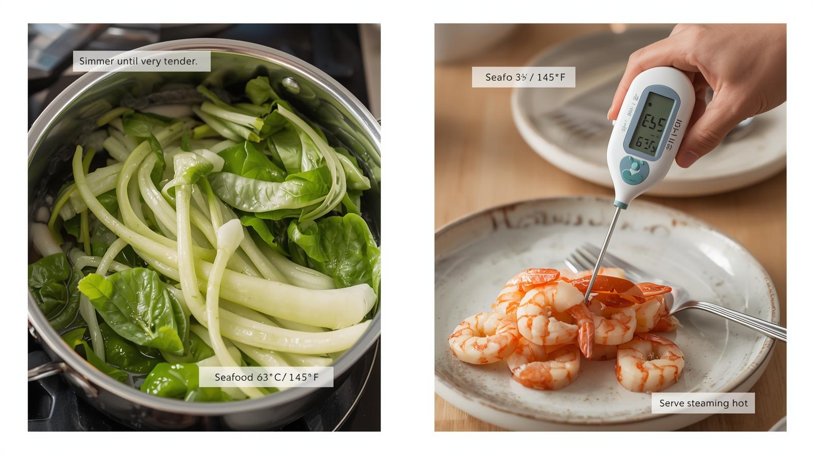 Quality cues: very tender taro leaves; visible simmer; instant-read thermometer showing 63°C/145°F for shrimp add-in