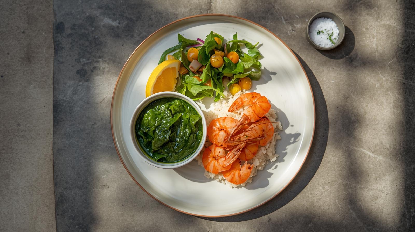 Balanced plate: modest laing portion, steamed rice, grilled shrimp cooked to 63°C/145°F, and a side salad with citrus