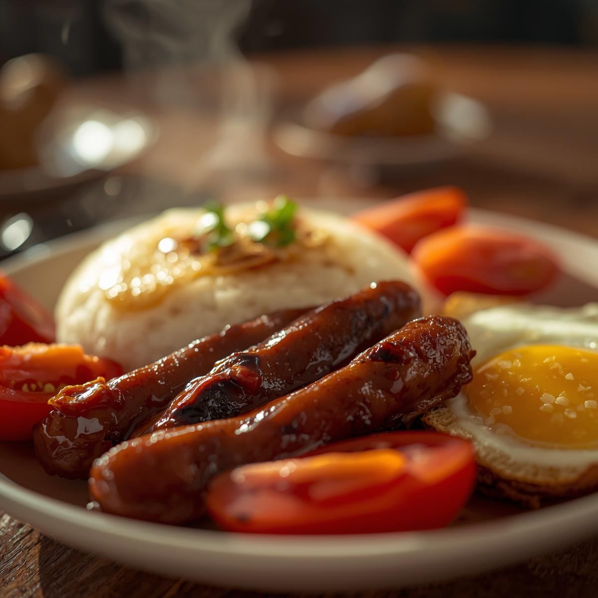 Plate of longanisa with garlic rice, egg, and sliced tomatoes
