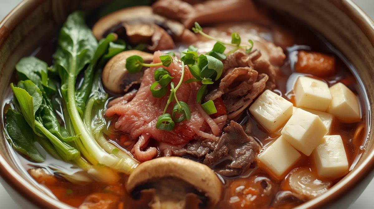 Balanced mala hotpot plate with vegetables, tofu, and lean meat
