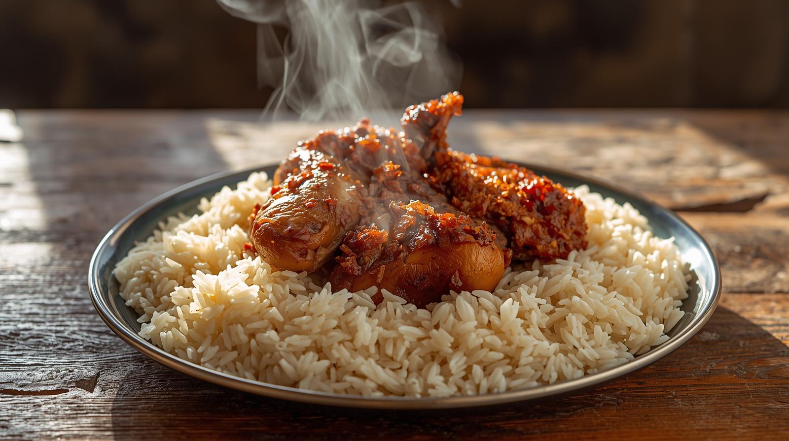 Traditional Yemeni mandi rice with well-cooked chicken served steaming on a large platter