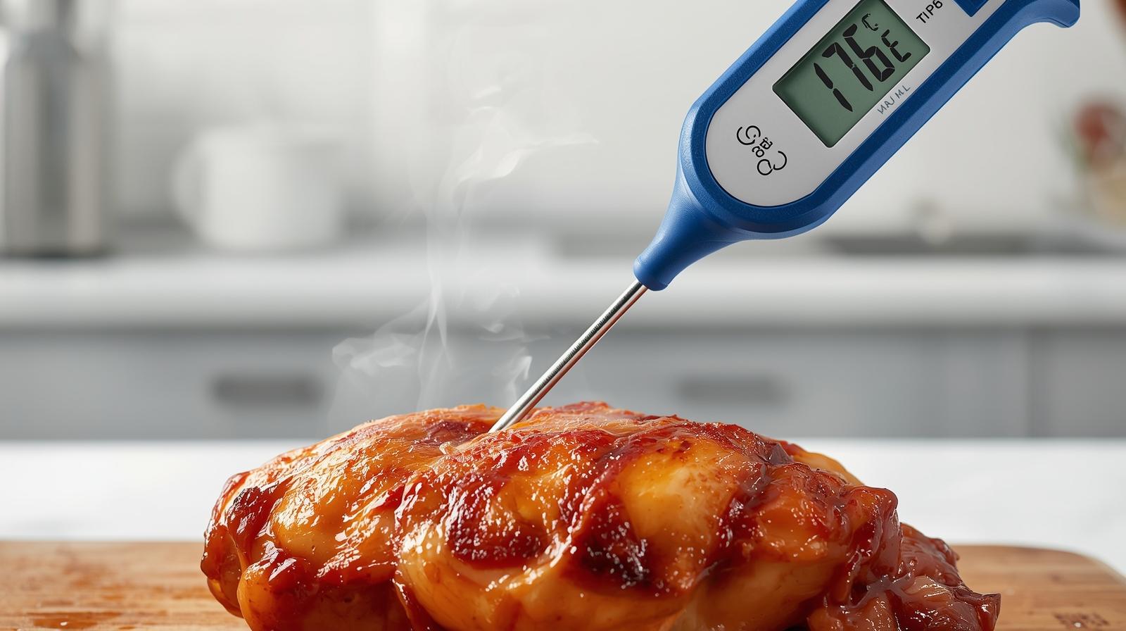Instant-read thermometer in chicken mandi showing 74°C (165°F) with visible steam
