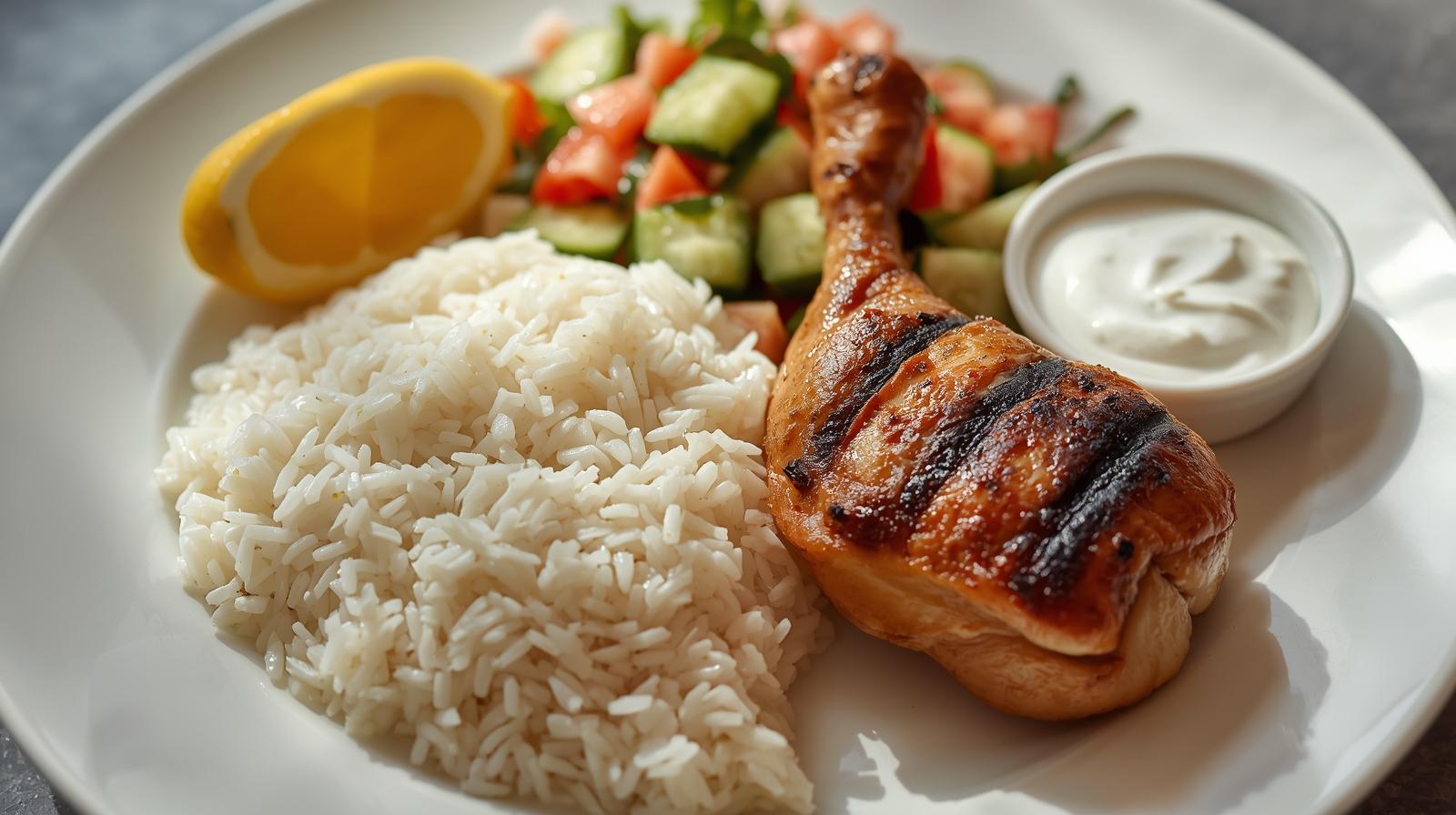 Balanced mandi plate: modest basmati rice, well-cooked chicken, salad, yogurt, lemon wedge