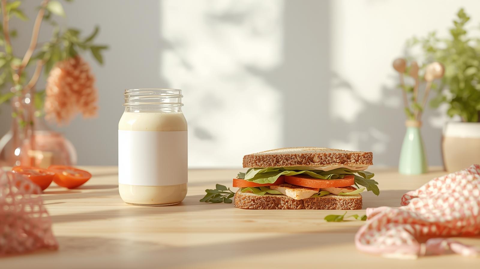 Generic mayonnaise jar beside a wholesome sandwich and side salad; bright kitchen, clean, brand-neutral