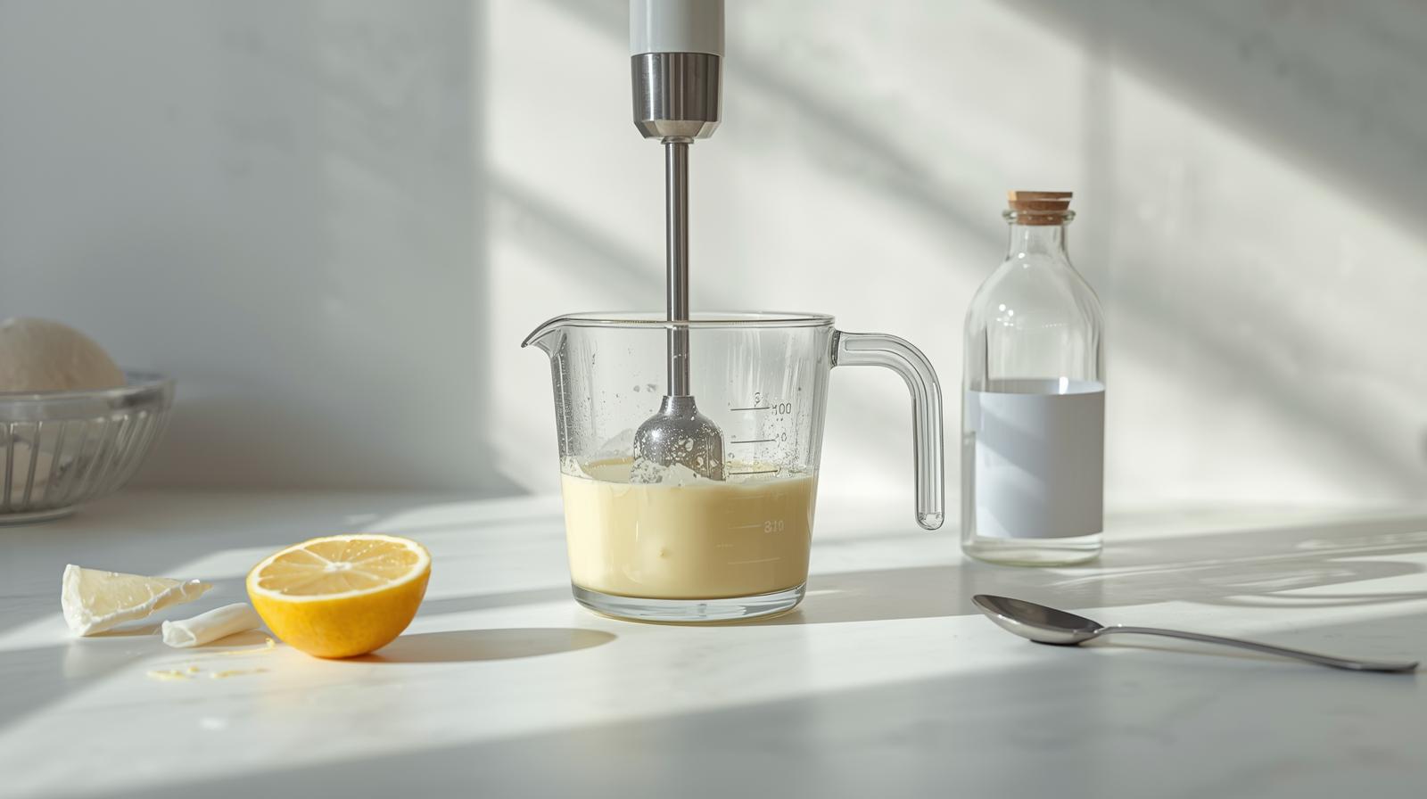 Immersion blender making mayonnaise in a beaker with lemon and vinegar props; no eggs shown