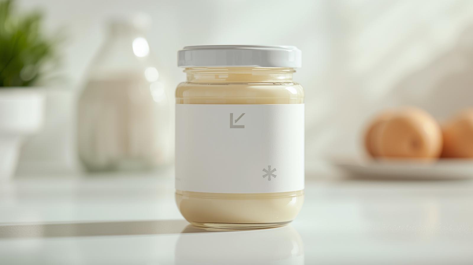 Macro label with abstract icons: pasteurized egg and refrigerate after opening; brand-neutral