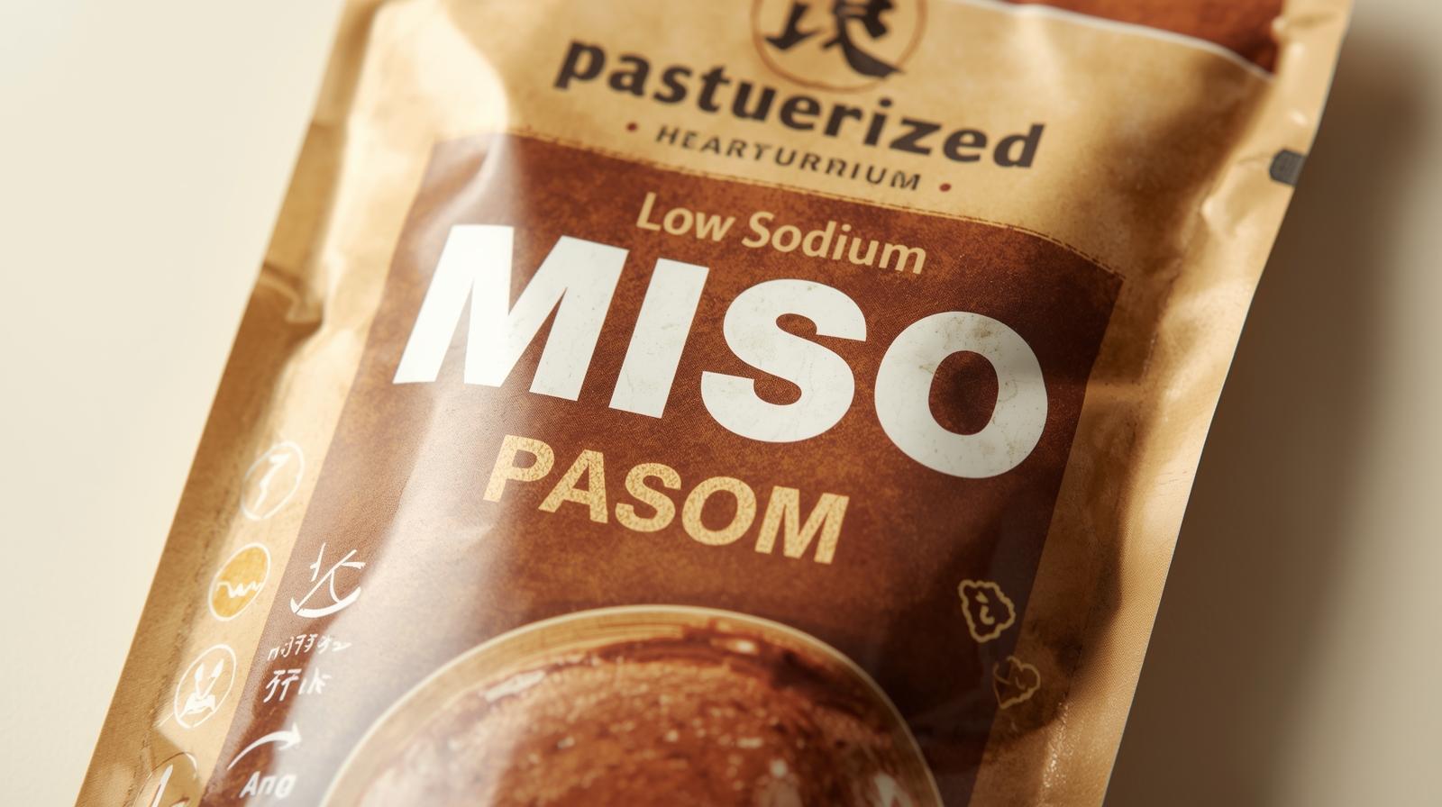 Miso paste container label showing 'Pasteurized' and 'Low Sodium'