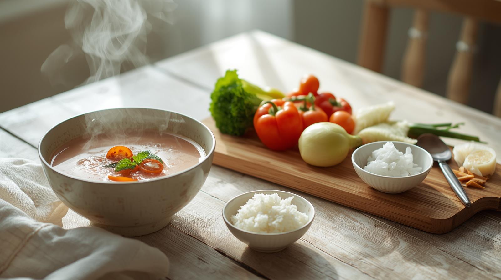 Balanced pregnancy-safe meal with miso soup, rice, and vegetables on wooden tray