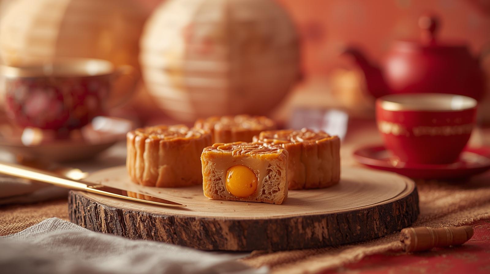 Traditional mooncakes with lotus paste and salted egg yolk on a Mid-Autumn festival table