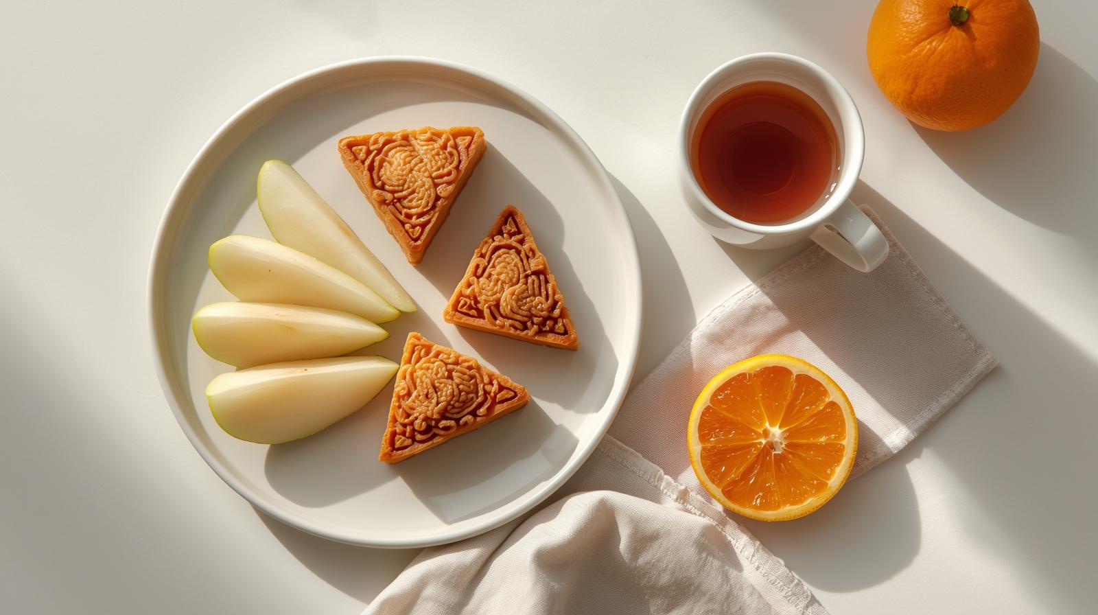 Thin wedges of mooncake served with fruit and unsweetened tea on a small plate