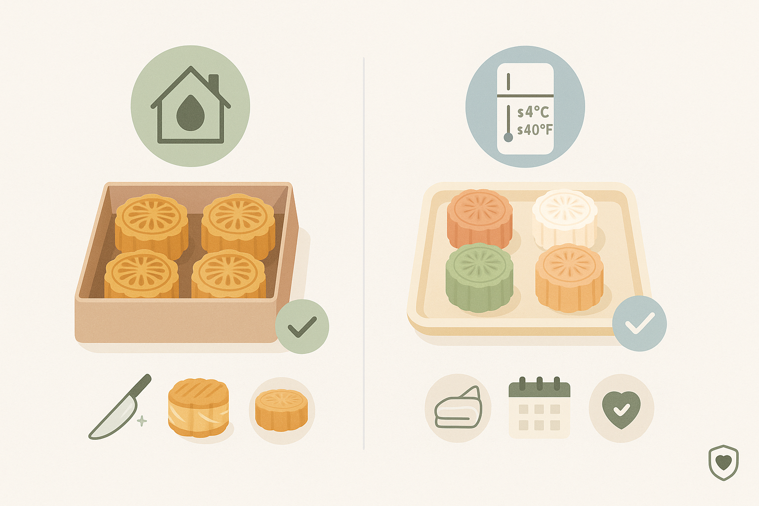 Boxed mooncakes with storage icons showing keep in a cool, dry place or refrigerate snowskin types