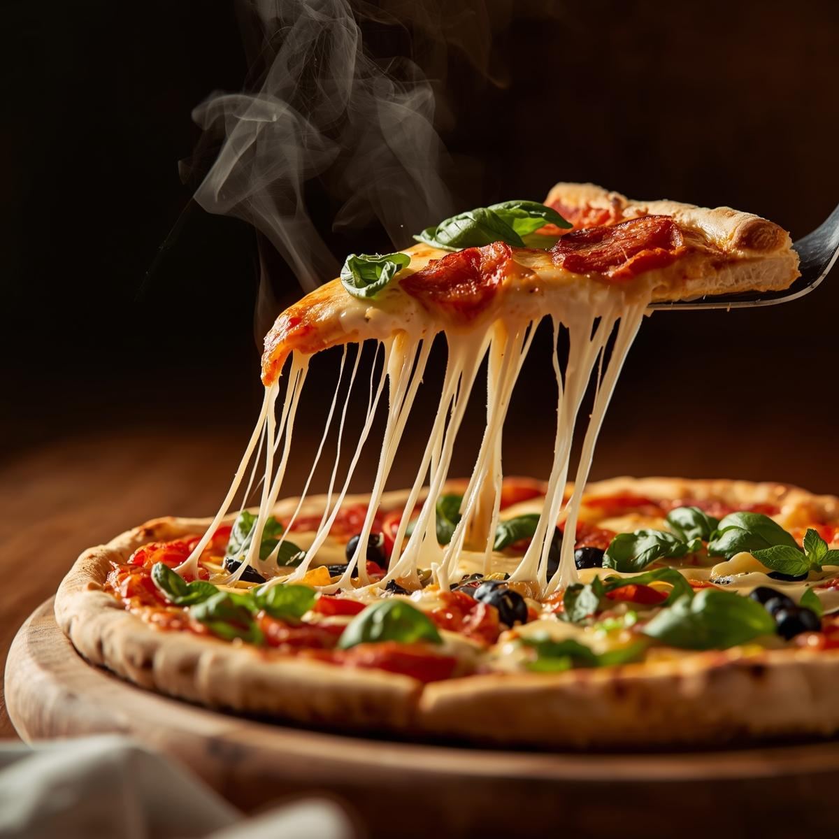 Slice of pizza with melted mozzarella being lifted