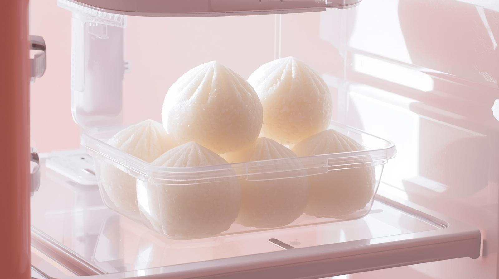 Wrapped onigiri stored in a refrigerator box