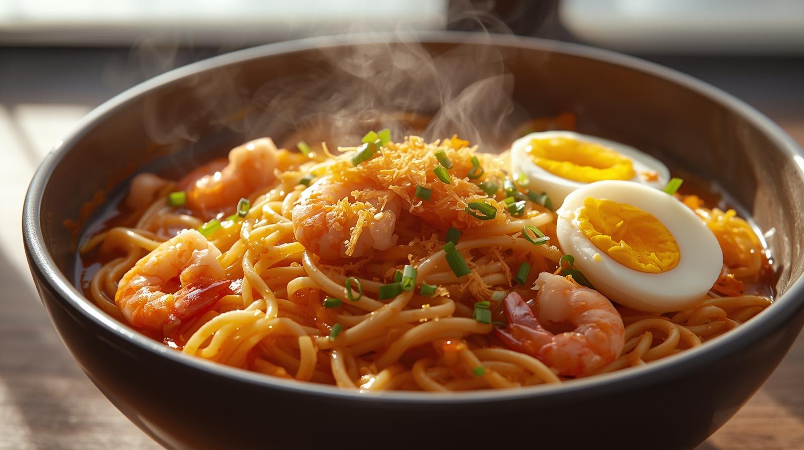 Freshly prepared pancit palabok topped with shrimp, hard-boiled eggs, chives and chicharrón, served steaming