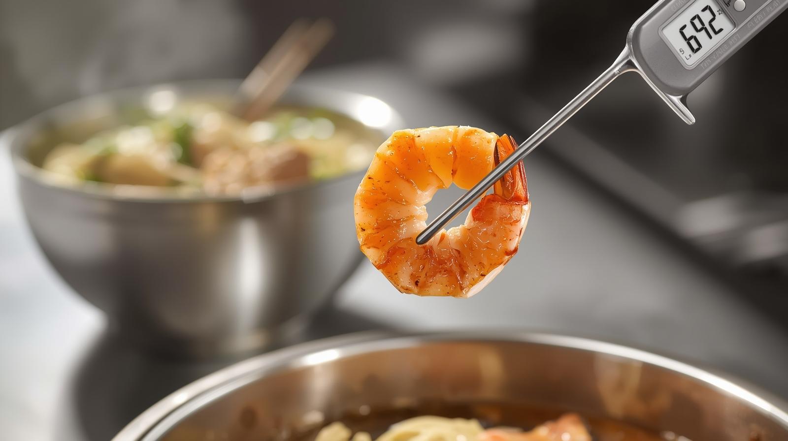 Instant-read thermometer touching a shrimp topping that reads 63°C/145°F; bowl of palabok with visible steam