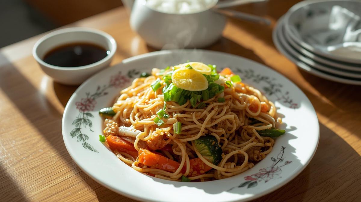Pancit bihon served hot with calamansi/lemon and fresh vegetables on a cozy table