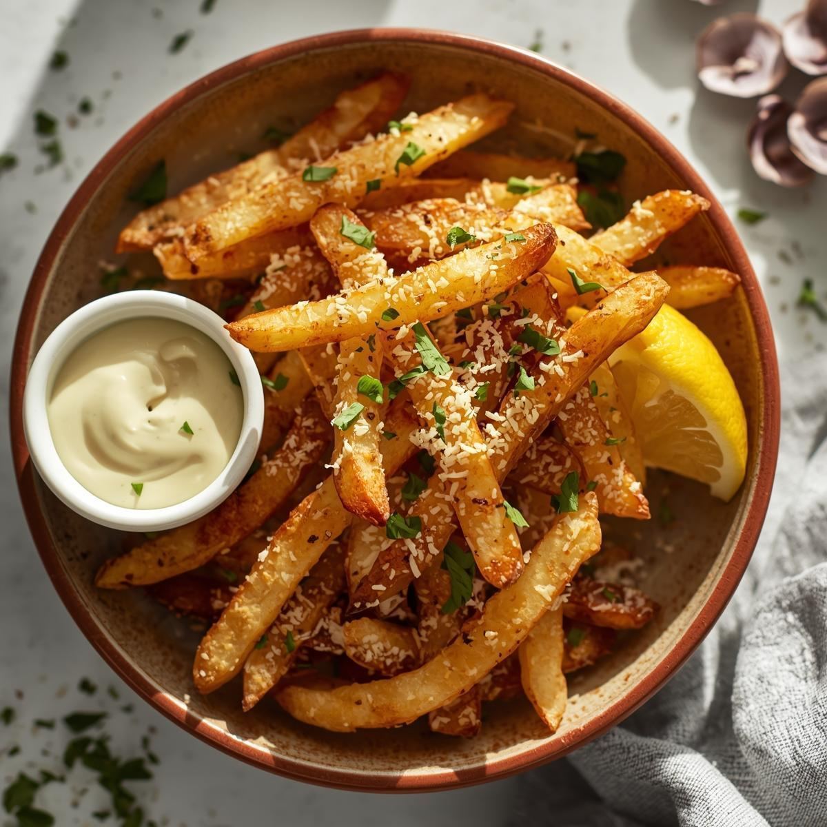 Parmesan truffle fries served hot in a bowl with herbs and lemon wedges