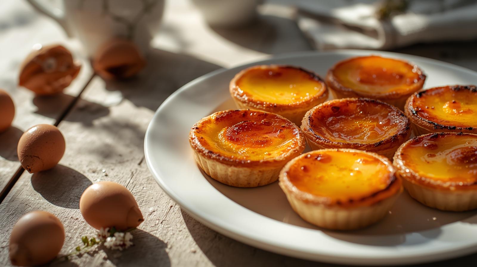 Freshly baked pastel de nata egg tarts golden and glossy