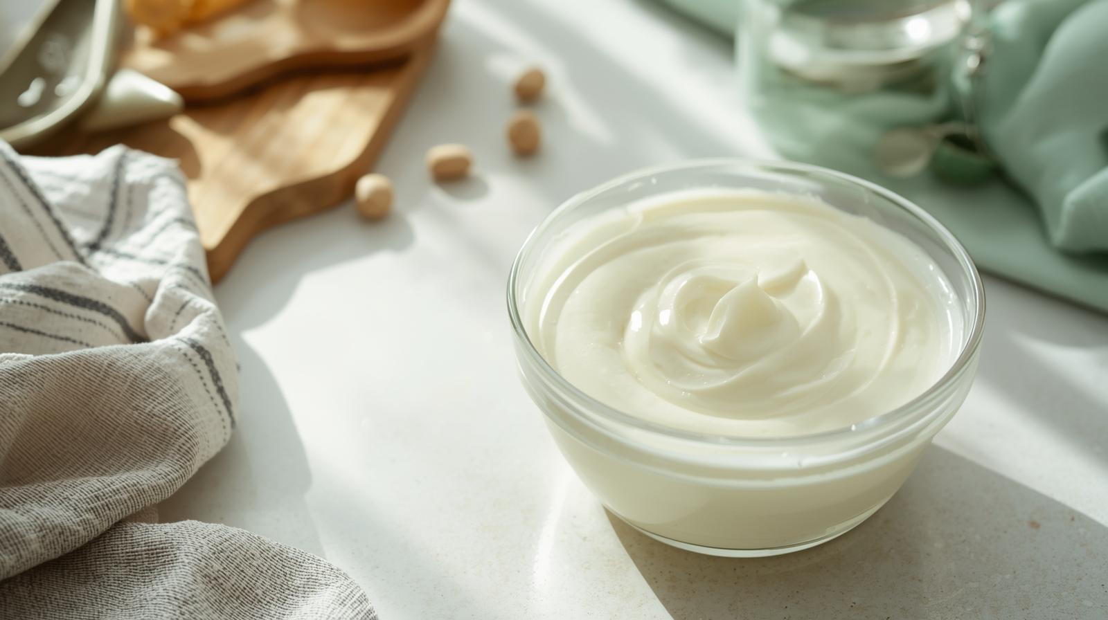 Creamy mayonnaise in a bowl, neutral setting