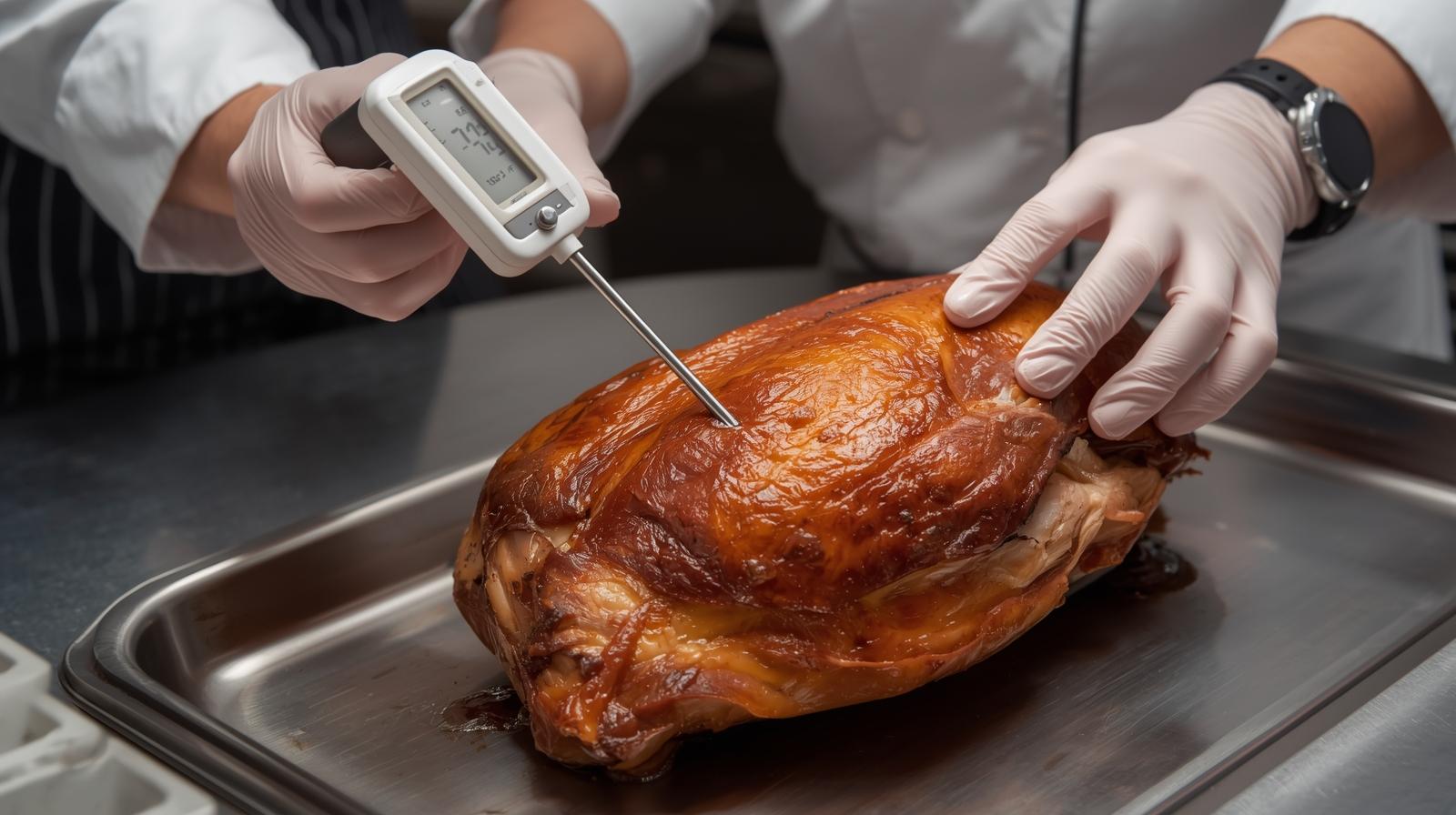 Clean restaurant kitchen label showing internal temperature 74°C and 'freshly roasted today'