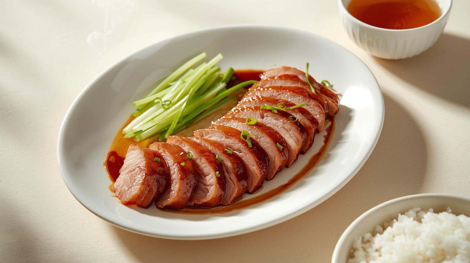Hot sliced Peking duck served with pancakes, cucumber, and hoisin sauce on a clean white platter