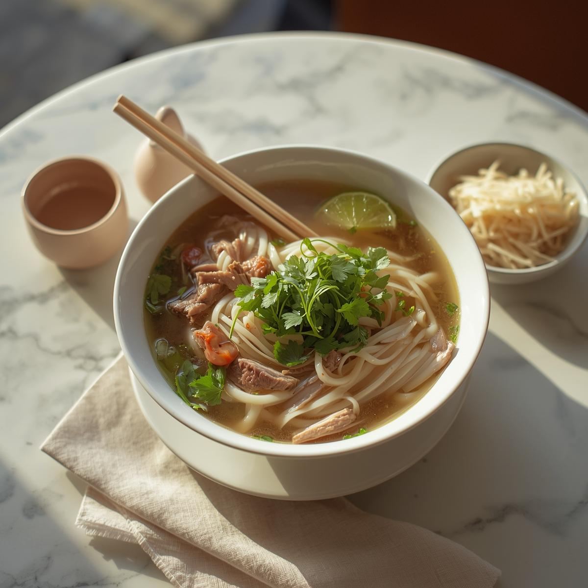 Serving of Pho with noodles, cooked beef, and herbs in a ceramic bowl