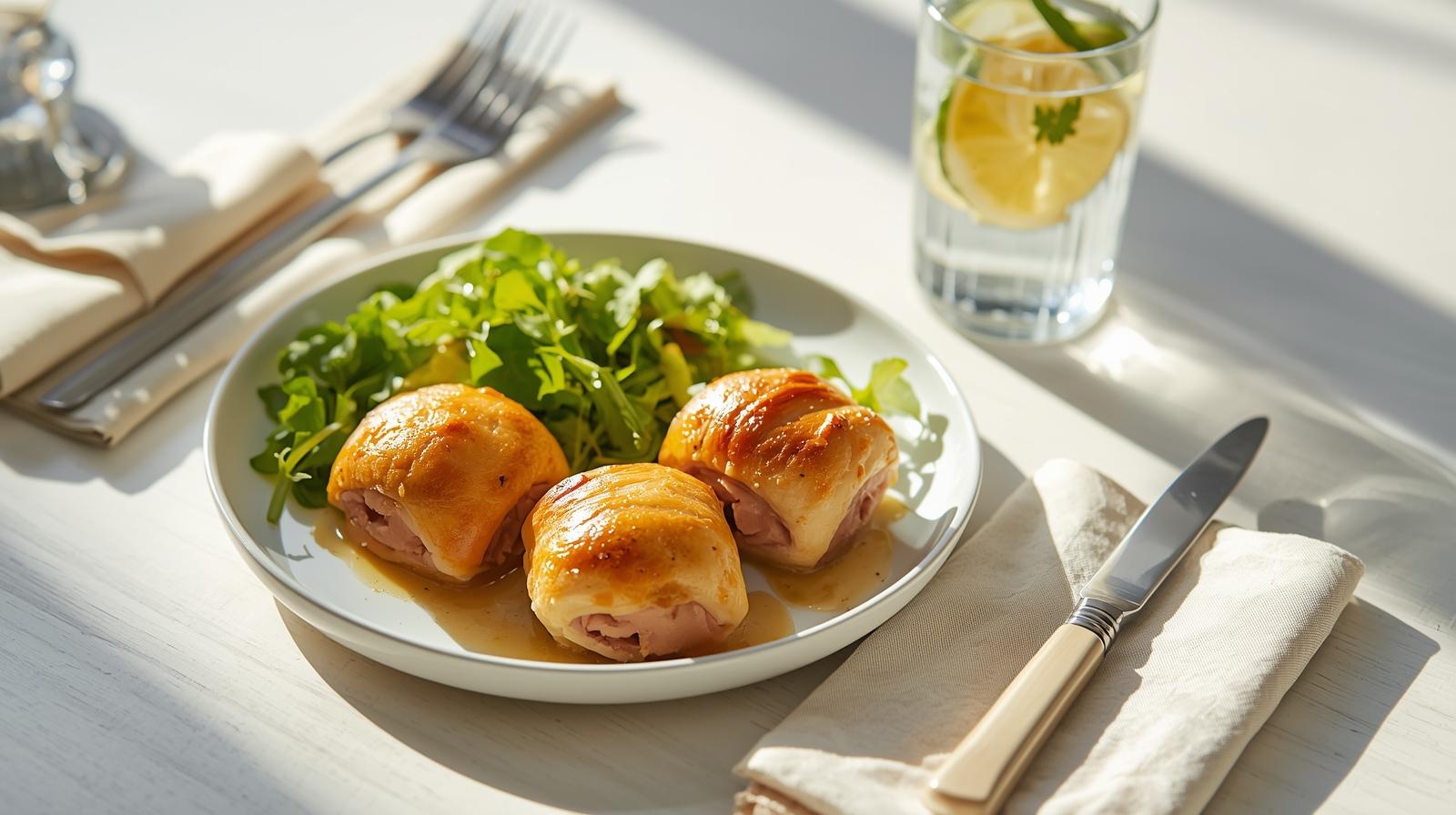 Balanced plate of pigs in a blanket served with salad and fruit water