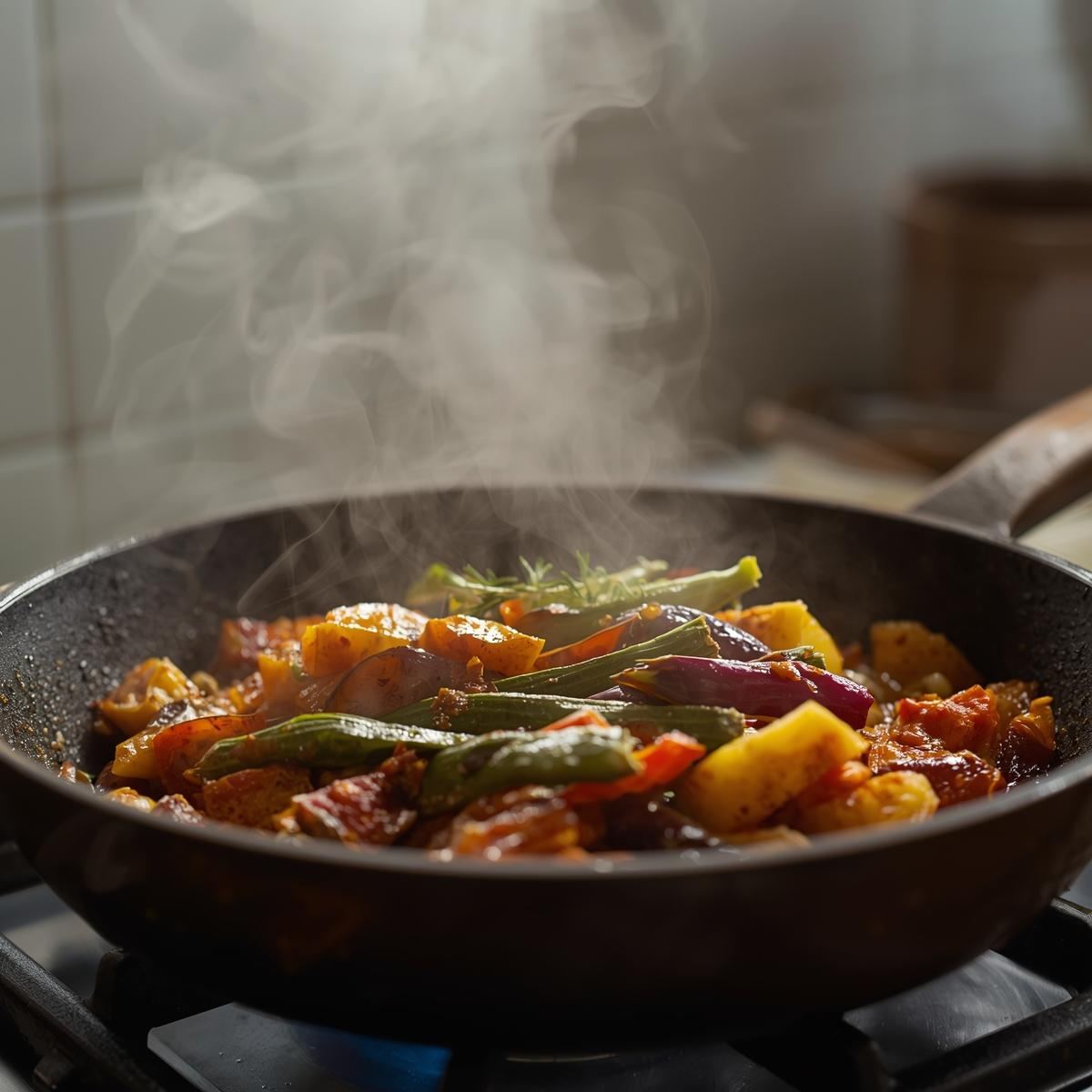Pinakbet simmering in a pan with steam rising, vegetables glistening