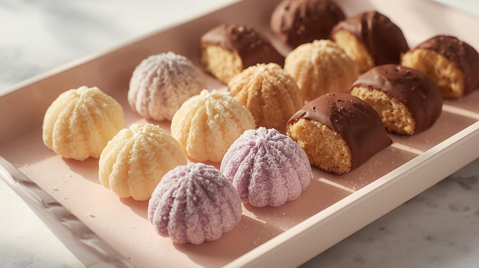 Assorted Filipino polvoron pieces—classic, pinipig, ube, and chocolate-dipped—arranged neatly on a neutral pastel tray