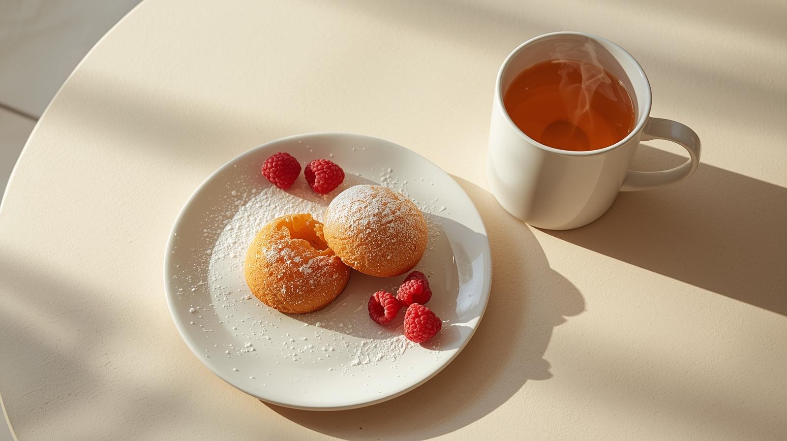 Two small polvoron on a plate with hot tea and fresh berries on a pastel tabletop
