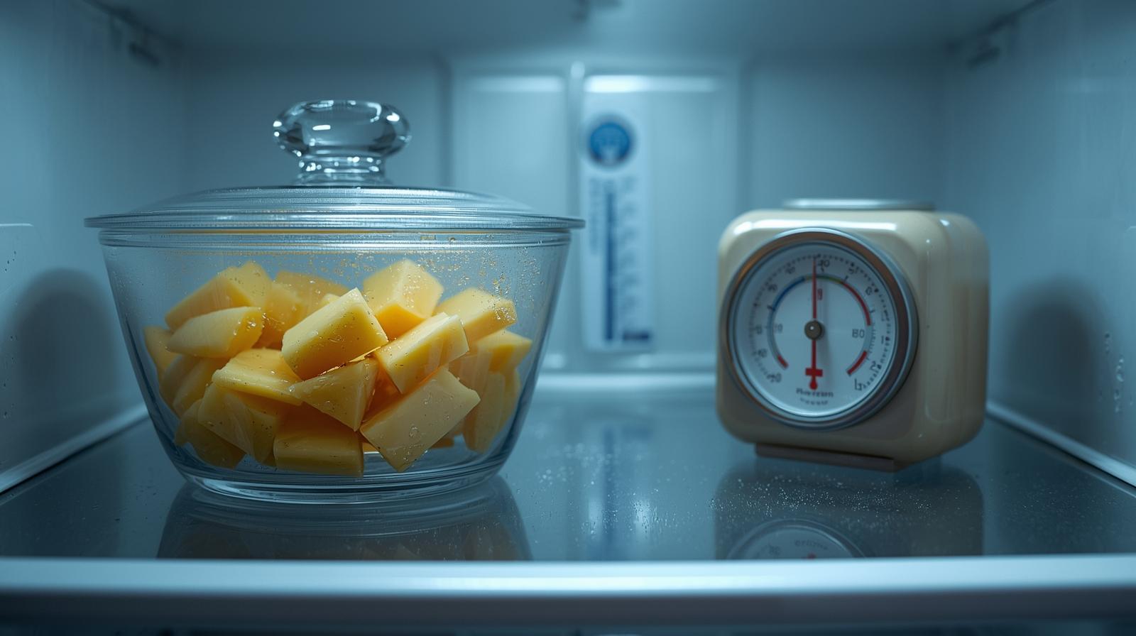 Airtight glass container with assorted polvoron on a clean refrigerator shelf, simple thermometer in the safe cold zone