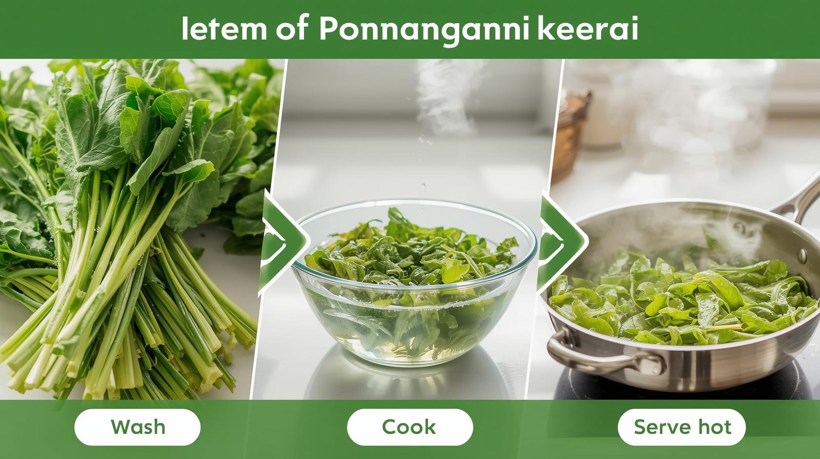 Quality cues: fresh, unwilted leaves; multiple water rinses; cooked greens shown steaming