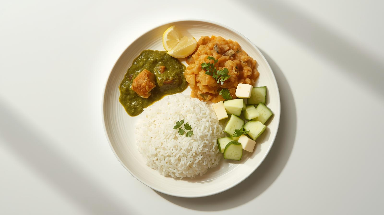 Balanced South-Indian plate: ponnanganni kootu, steamed rice, dal/egg/tofu for protein, and lemon wedges