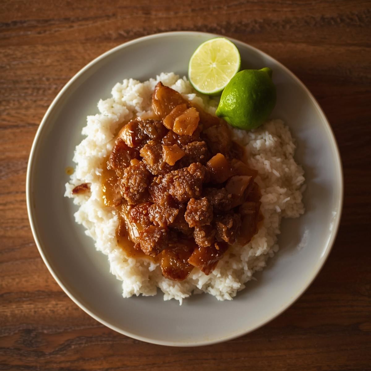 Sisig served with rice and calamansi