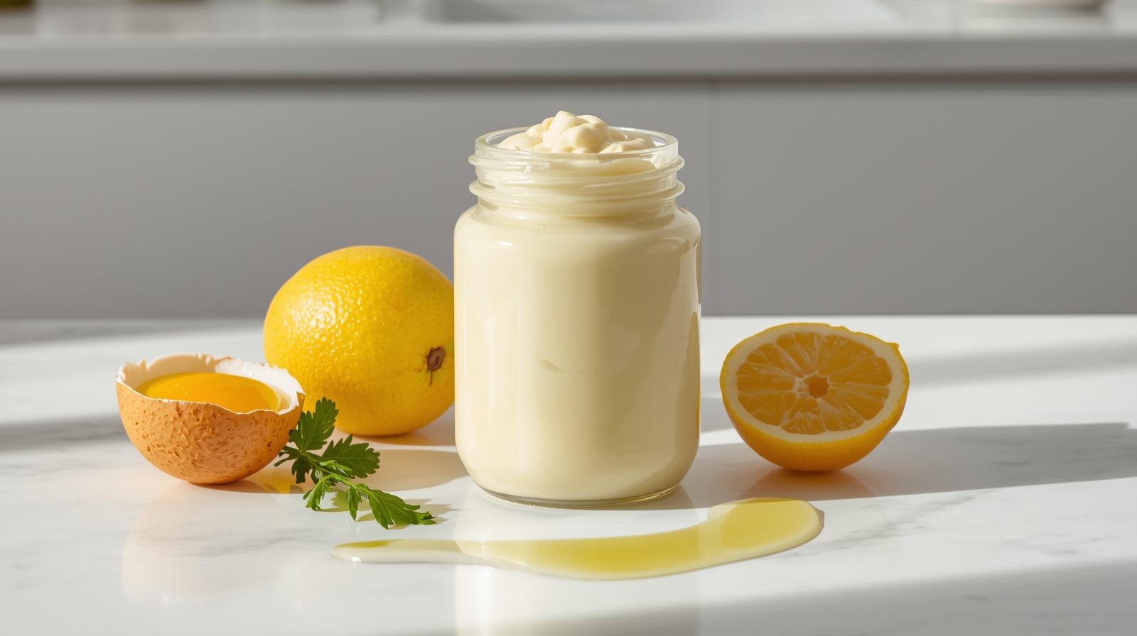 Jar of whole egg mayonnaise on a bright kitchen counter with fresh lemon, egg and oil nearby