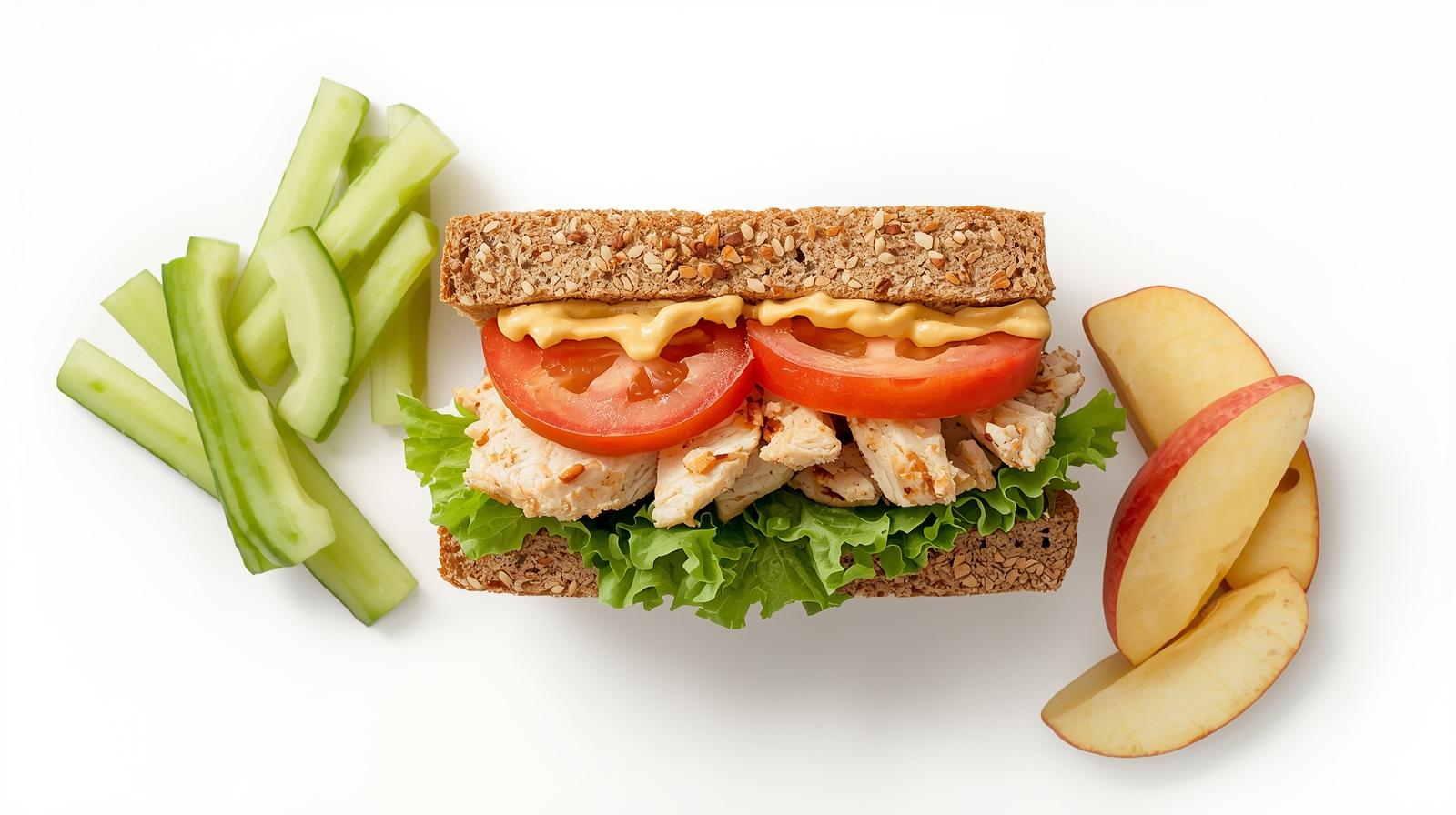 Balanced sandwich plate with whole-grain bread, lean chicken, lettuce and tomato, plus veggie sticks and fruit