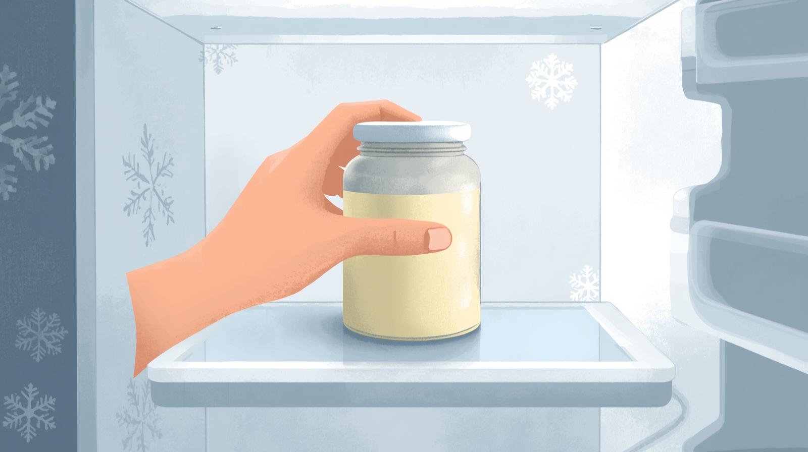 Refrigerator safety concept with a mayonnaise jar being placed inside and cool icons indicating cold storage