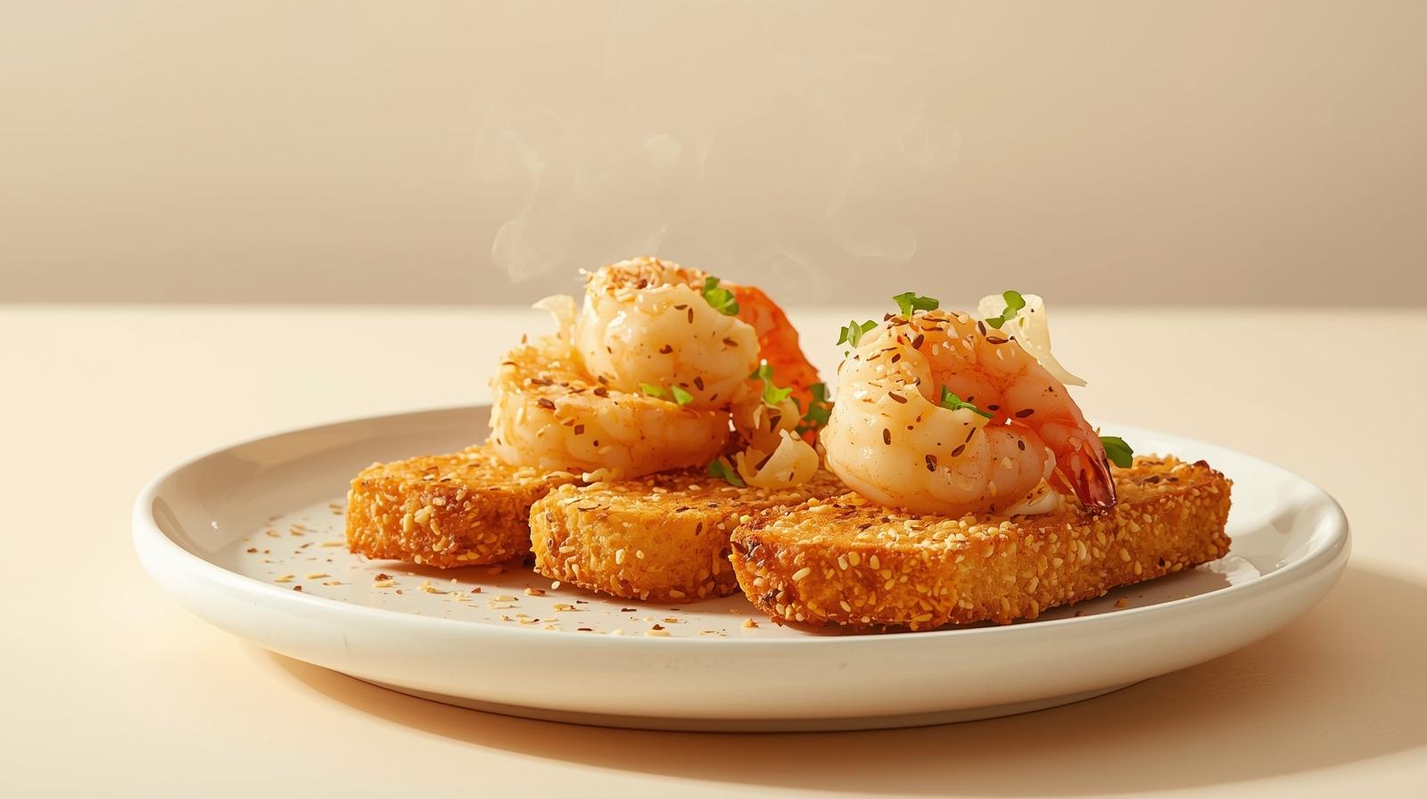 Freshly fried prawn toast on a cooling rack—golden, sesame-crusted, and steaming