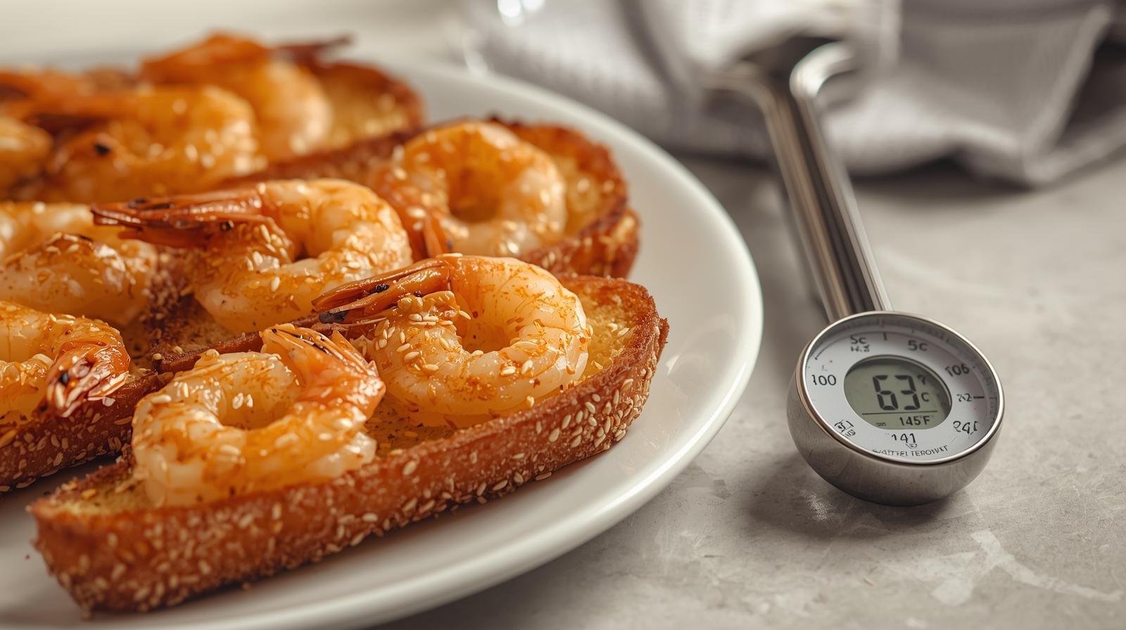 Quality cues: thermometer at 63 °C/145 °F; prawn paste cooked opaque; toast draining on rack; separate cutting boards