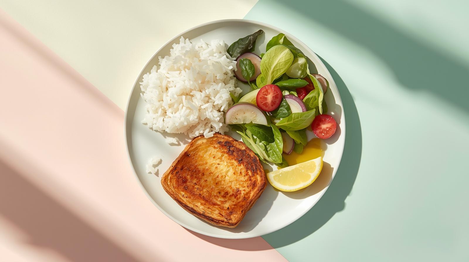 Balanced plate: 2 small prawn-toast triangles with salad, citrus, and plain rice