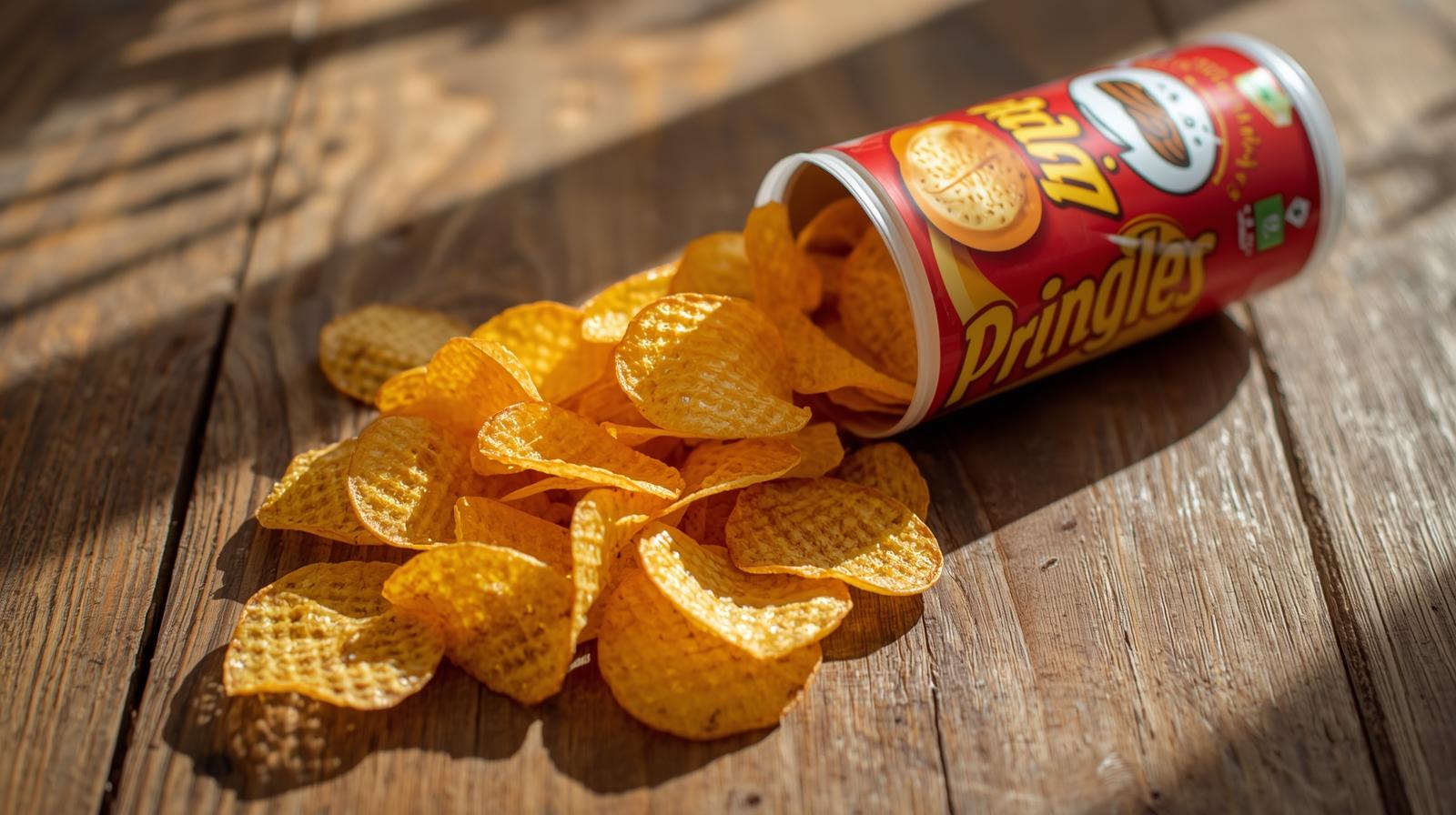 Hand reaching into a tube of Pringles, chips stacked in a neat curved pile