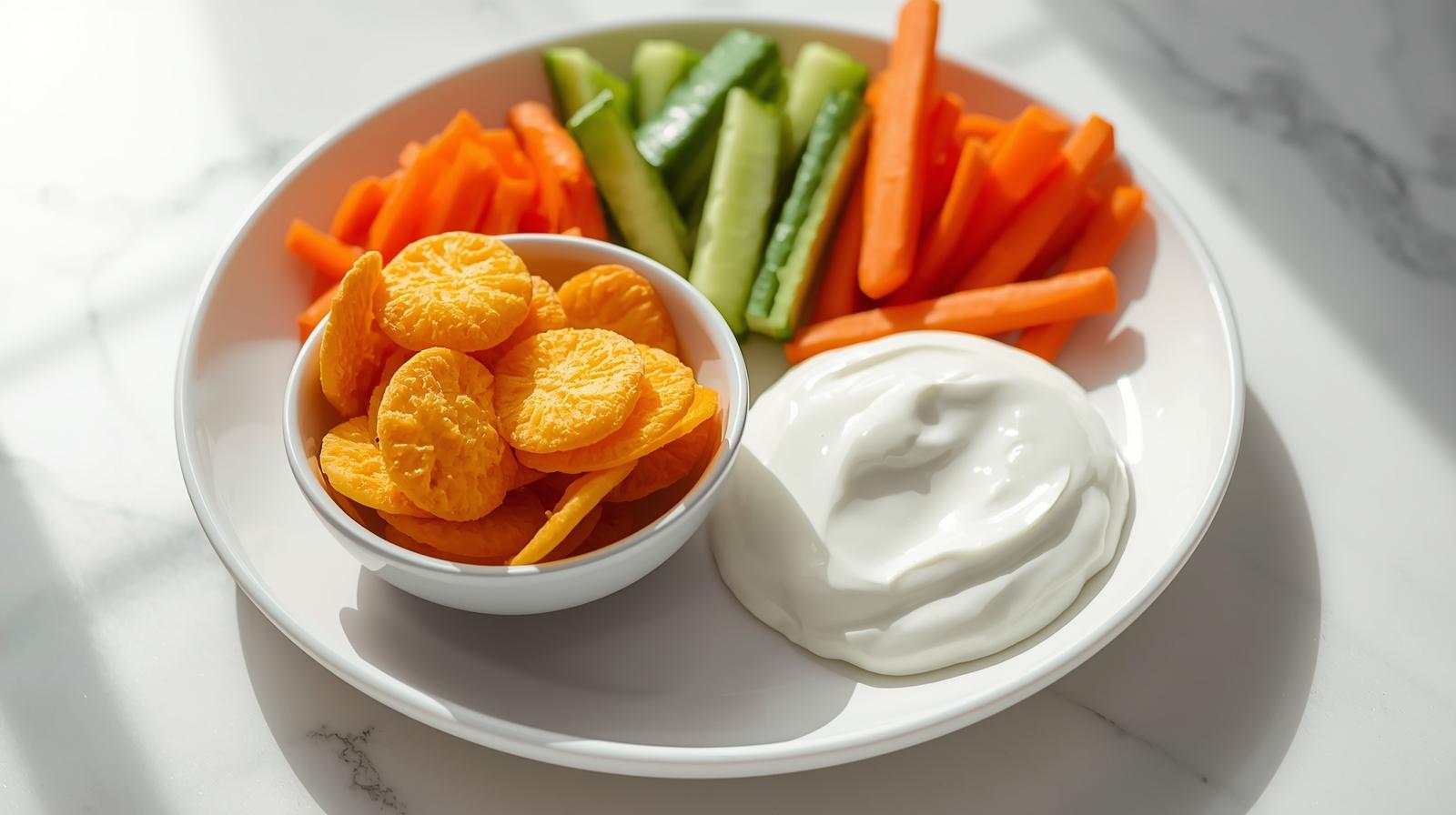 Small bowl of Pringles next to yogurt dip and a plate of raw veggies as a balanced snack