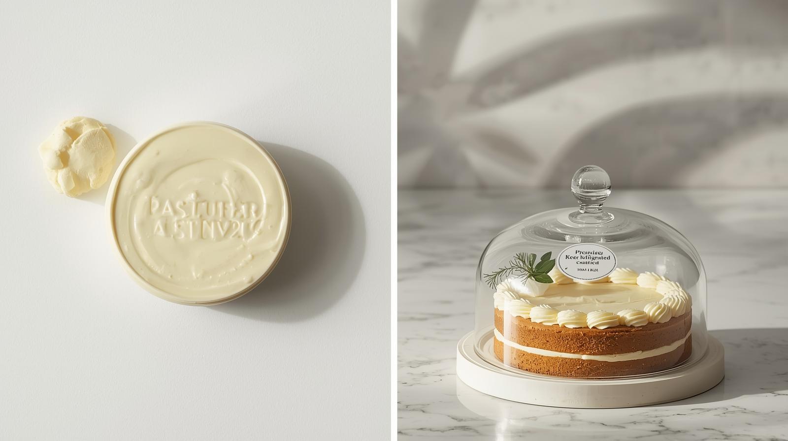 Close-up of a cake display label noting 'Pasteurised cream cheese' and 'Keep refrigerated'