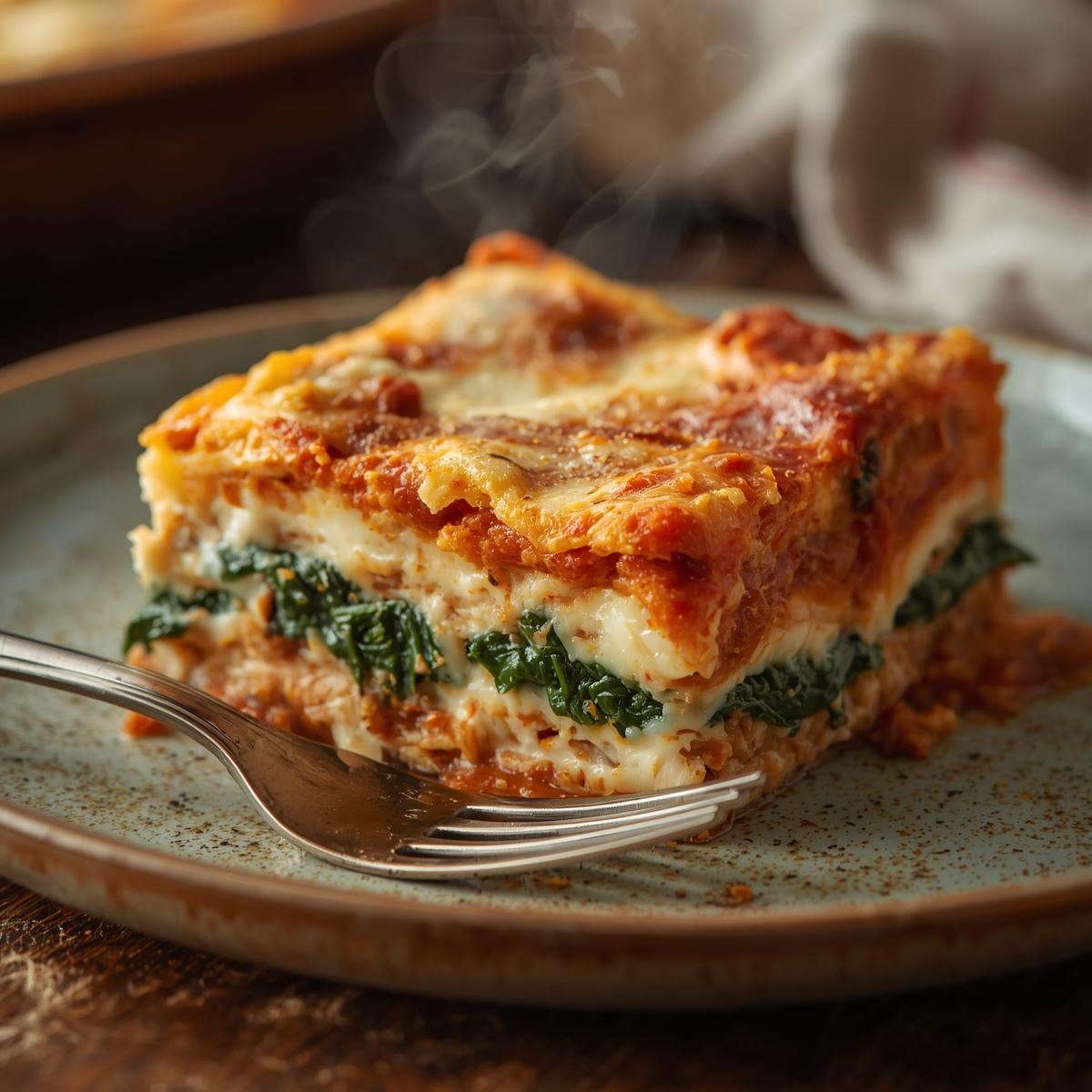 Slice of baked lasagne with ricotta layer on a plate