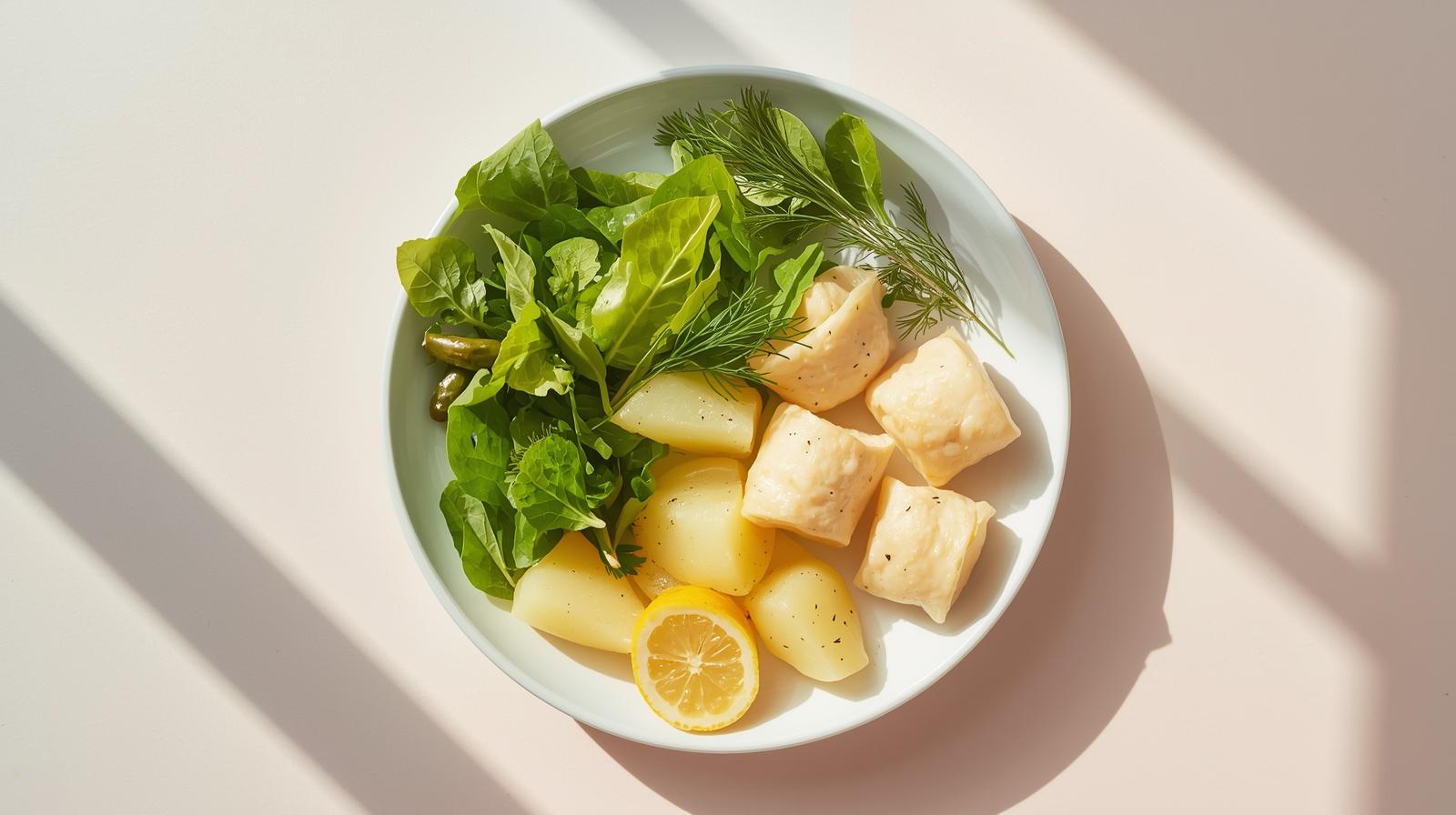 Balanced plate: a small portion of warmed rollmops with boiled potatoes, salad greens, dill, and lemon