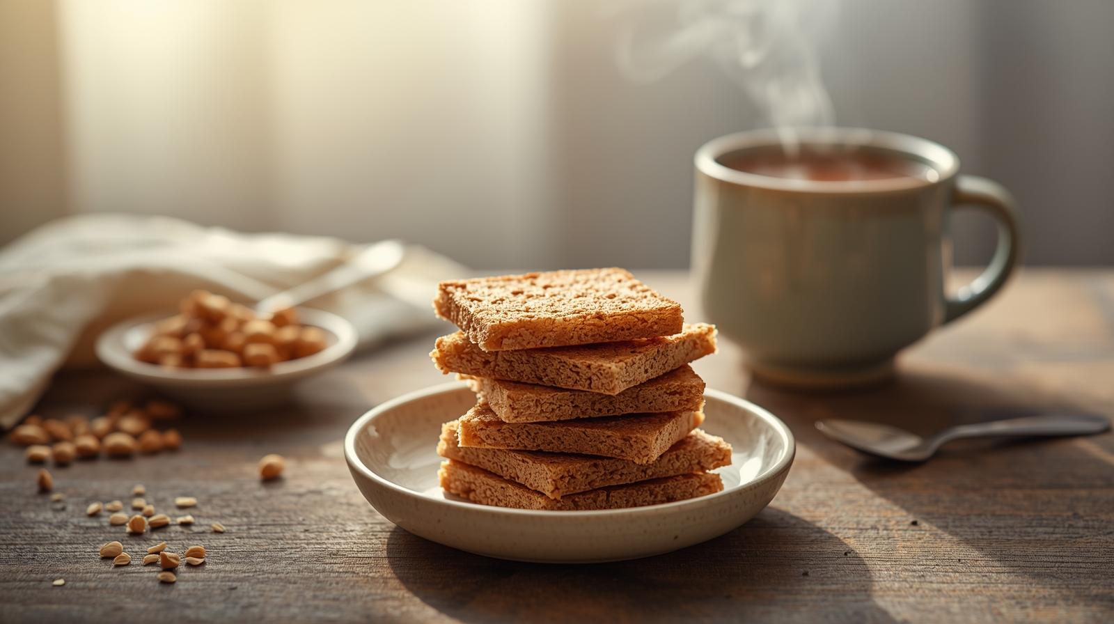 A plate with Indian atta rusk and a cup of warm milk/tea