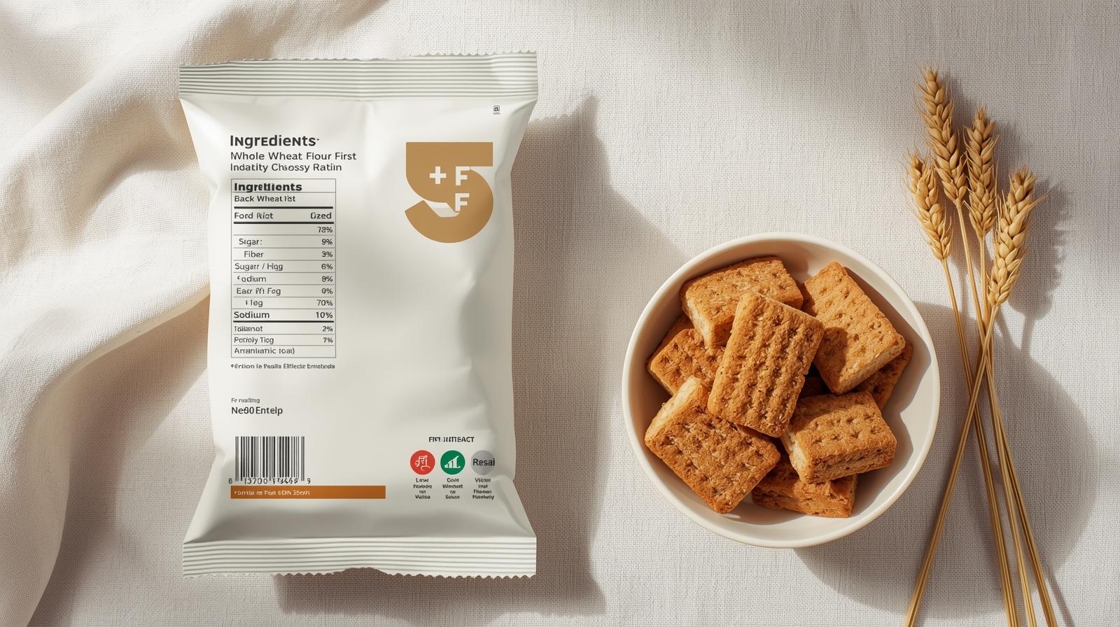 Rusk pack label highlighting 'whole wheat', fiber per serving, lower sugar, modest sodium, and FSSAI '+F' fortification logo