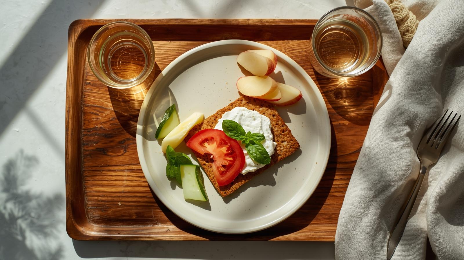 Wholegrain rusk topped very lightly with hung-curd and tomato, plus a side of fruit