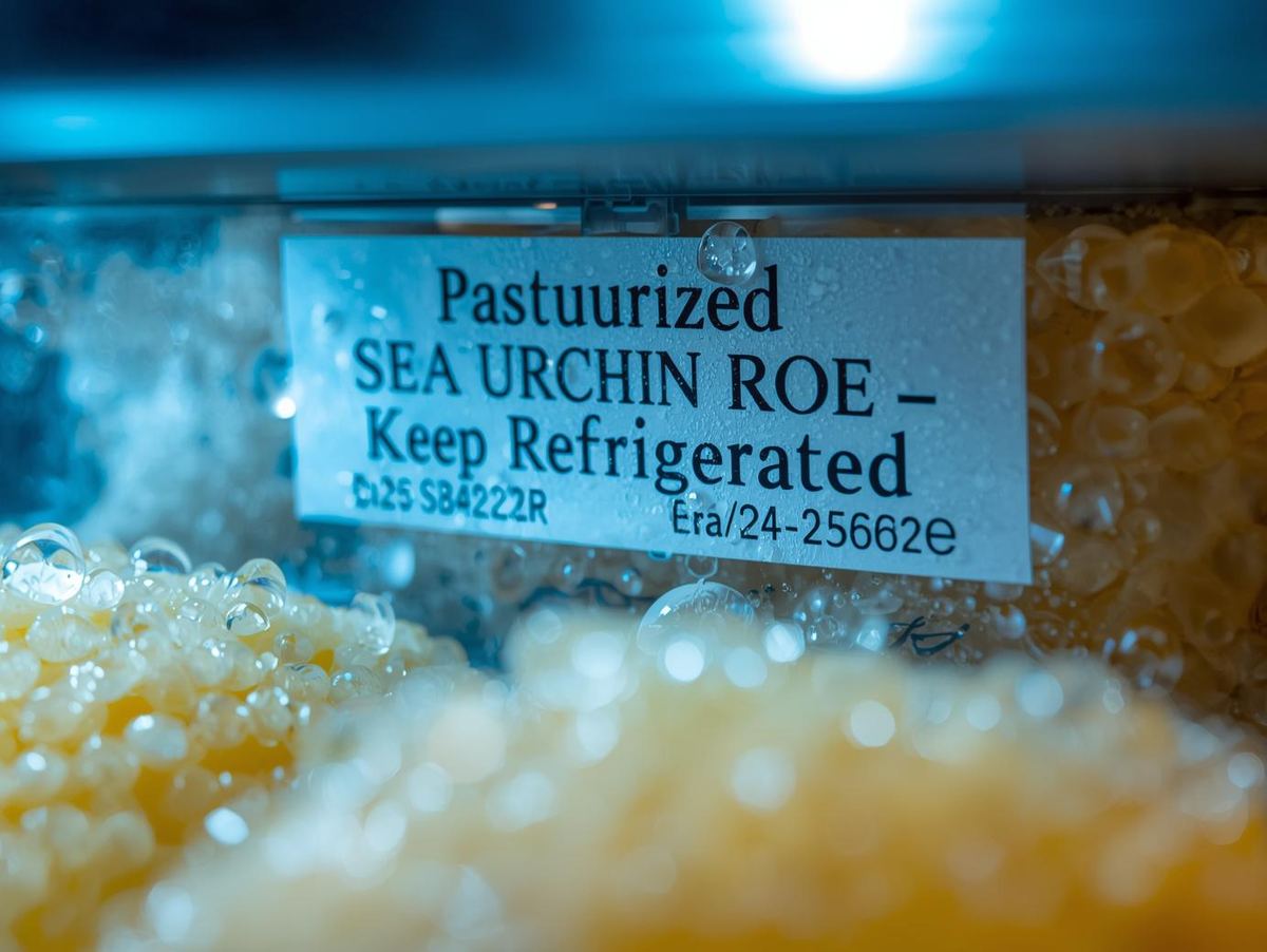 Close-up label: 'Pasteurized Sea Urchin Roe — Keep Refrigerated' with intact seal and use-by date
